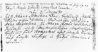 Register van Bachs huwelijk met Anna Magdalena Wickeln in de pastorie van de Jacobskirche, Köthen, 3 december 1721 door German School